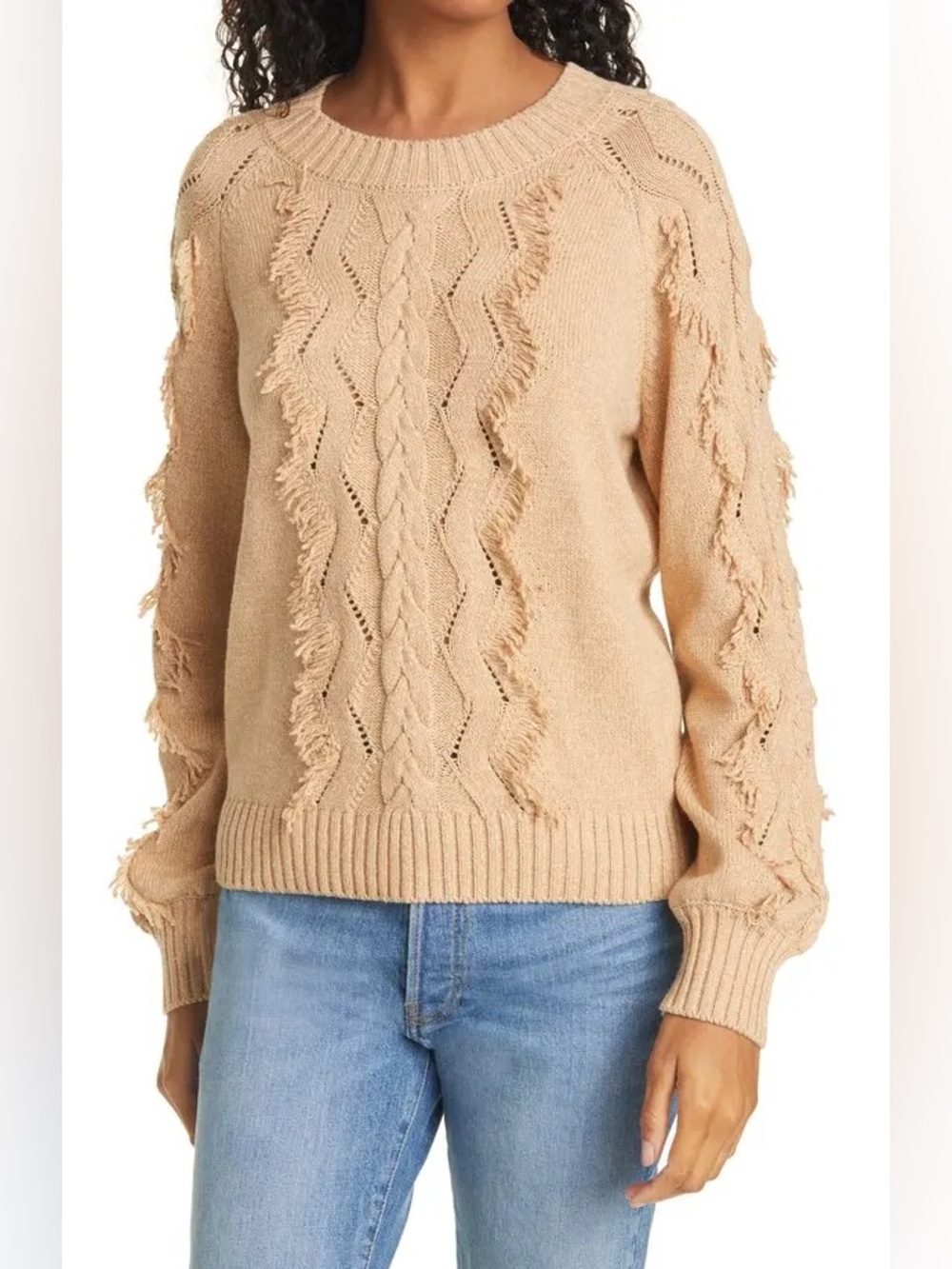 Rails‎ Francis Fringe Beige Frayed Cable-Knit Crewneck Sweater in Small